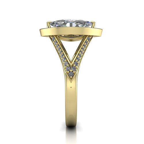 Antonella marquise halo engagement ring in 14K Yellow Gold, side profile showing the open cathedral gallery and the diamonds running down the split shank
