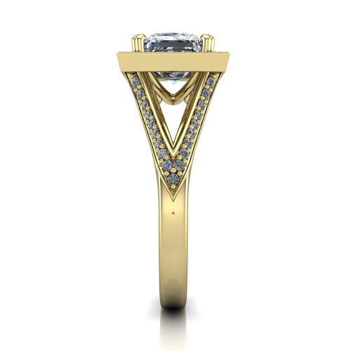Antonella princess halo engagement ring in 18K Yellow Gold, side profile showing the open cathedral gallery and the diamonds running down the split shank