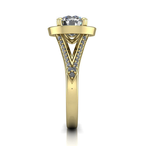 Antonella round halo engagement ring in 18K Yellow Gold, side profile showing the open cathedral gallery and the diamonds running down the split shank