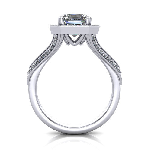 Antonella square halo engagement ring in Platinum, through-finger front profile showing the halo head raised above the split pav&eacute; band