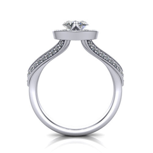 Antonella marquise halo engagement ring in 14K White Gold, through-finger front profile showing the halo head raised above the split pav&eacute; band