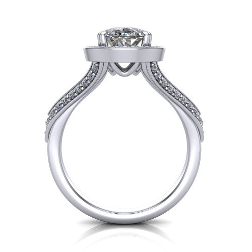 Antonella oval halo engagement ring in 18K White Gold, through-finger front profile showing the halo head raised above the split pav&eacute; band