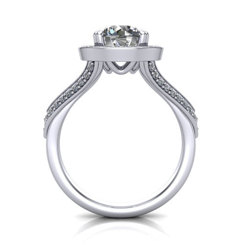 Antonella round halo engagement ring in Platinum, through-finger front profile showing the halo head raised above the split pav&eacute; band