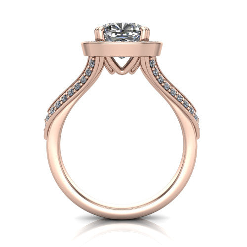 Antonella cushion halo engagement ring in 14K Rose Gold, through-finger front profile showing the halo head raised above the split pav&eacute; band