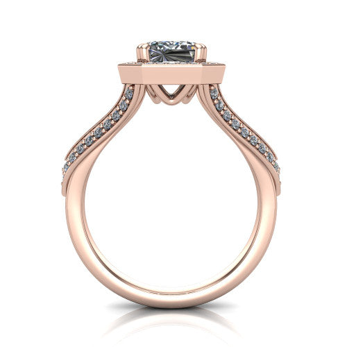 Antonella emerald halo engagement ring in 18K Rose Gold, through-finger front profile showing the halo head raised above the split pav&eacute; band