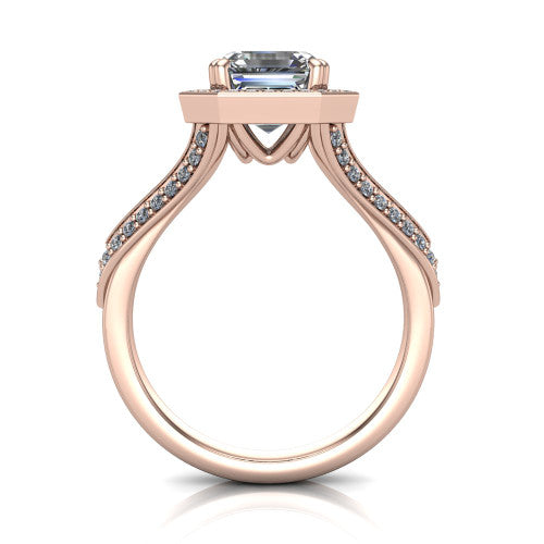 Antonella square halo engagement ring in 18K Rose Gold, through-finger front profile showing the halo head raised above the split pav&eacute; band