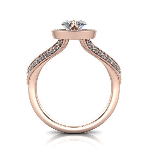 Antonella marquise halo engagement ring in 18K Rose Gold, through-finger front profile showing the halo head raised above the split pav&eacute; band