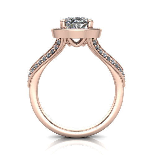Antonella oval halo engagement ring in 18K Rose Gold, through-finger front profile showing the halo head raised above the split pav&eacute; band