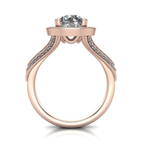 Antonella round halo engagement ring in 14K Rose Gold, through-finger front profile showing the halo head raised above the split pav&eacute; band