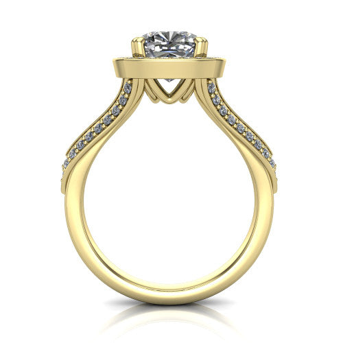 Antonella cushion halo engagement ring in 18K Yellow Gold, through-finger front profile showing the halo head raised above the split pav&eacute; band