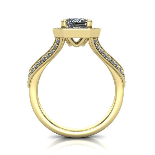 Antonella emerald halo engagement ring in 14K Yellow Gold, through-finger front profile showing the halo head raised above the split pav&eacute; band