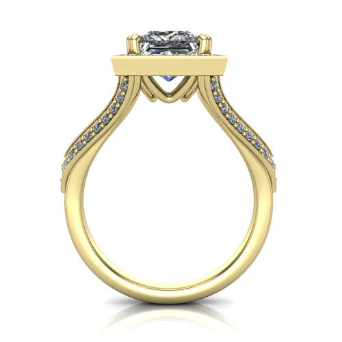 Antonella princess halo engagement ring in 14K Yellow Gold, through-finger front profile showing the square halo head raised above the split pav&eacute; band