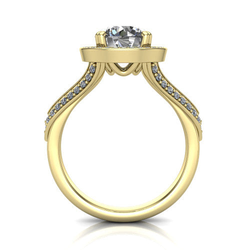 Antonella round halo engagement ring in 18K Yellow Gold, through-finger front profile showing the halo head raised above the split pav&eacute; band
