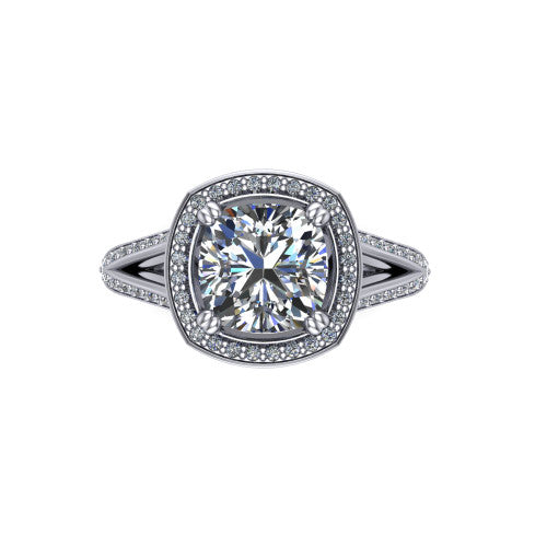 Antonella cushion halo engagement ring in 18K White Gold, top-down view showing the cushion center framed by a cushion pav&eacute; halo with compass prongs