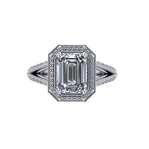 Antonella emerald halo engagement ring in 14K White Gold, top-down view showing the emerald center framed by a emerald pav&eacute; halo with compass prongs