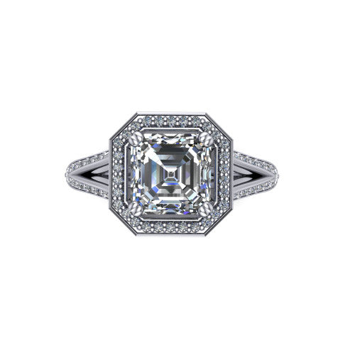 Antonella square halo engagement ring in 14K White Gold, top-down view showing the square center framed by a square pav&eacute; halo with compass prongs