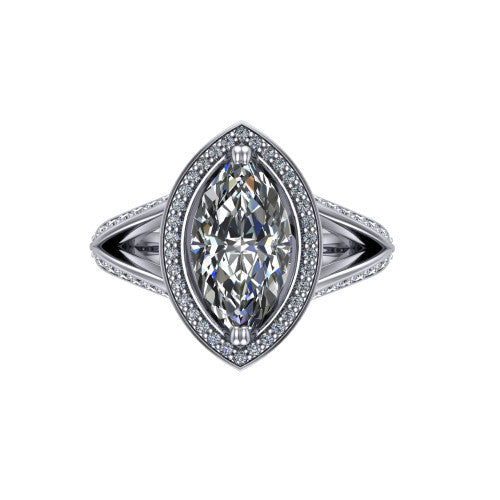 Antonella marquise halo engagement ring in 18K White Gold, top-down view showing the marquise center framed by a marquise pav&eacute; halo with compass prongs