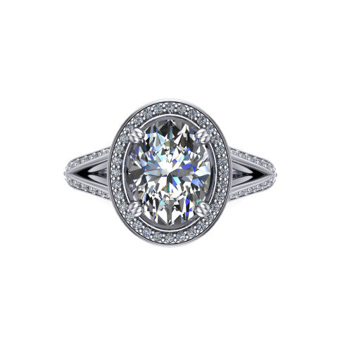 Antonella oval halo engagement ring in 18K White Gold, top-down view showing the oval center framed by a oval pav&eacute; halo with compass prongs