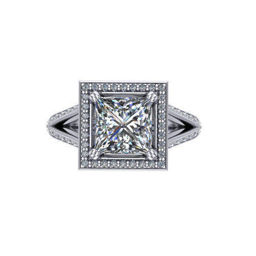 Antonella princess halo engagement ring in 18K White Gold, top-down view showing the princess center framed by a square pav&eacute; halo with compass prongs
