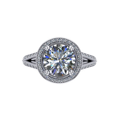 Antonella round halo engagement ring in 14K White Gold, top-down view showing the round center framed by a round pav&eacute; halo with compass prongs