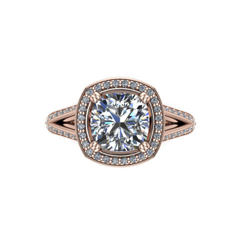 Antonella cushion halo engagement ring in 18K Rose Gold, top-down view showing the cushion center framed by a cushion pav&eacute; halo with compass prongs