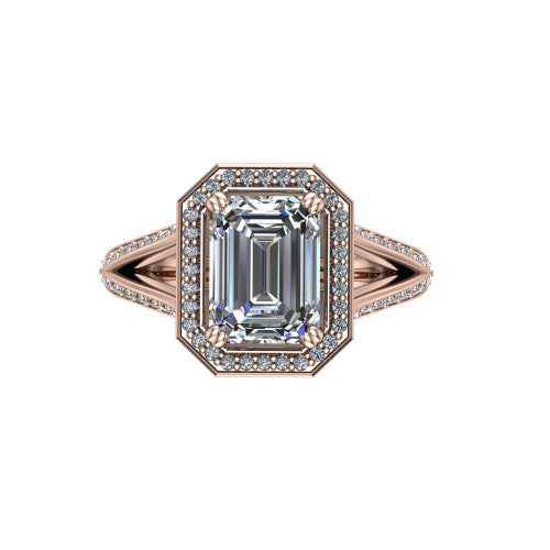 Antonella emerald halo engagement ring in 14K Rose Gold, top-down view showing the emerald center framed by a emerald pav&eacute; halo with compass prongs