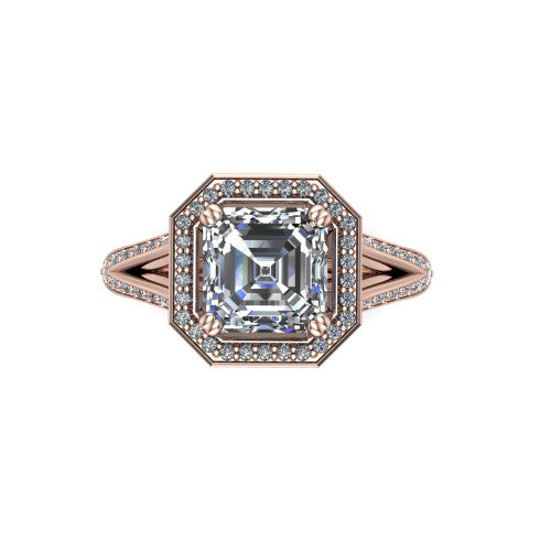 Antonella square halo engagement ring in 18K Rose Gold, top-down view showing the square center framed by a square pav&eacute; halo with compass prongs