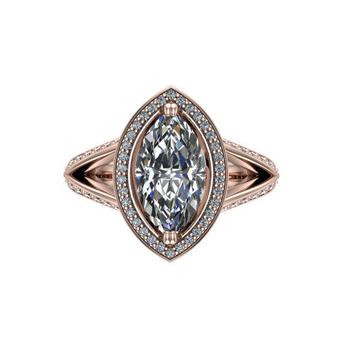 Antonella marquise halo engagement ring in 18K Rose Gold, top-down view showing the marquise center framed by a marquise pav&eacute; halo with compass prongs