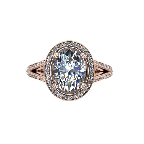 Antonella oval halo engagement ring in 18K Rose Gold, top-down view showing the oval center framed by a oval pav&eacute; halo with compass prongs