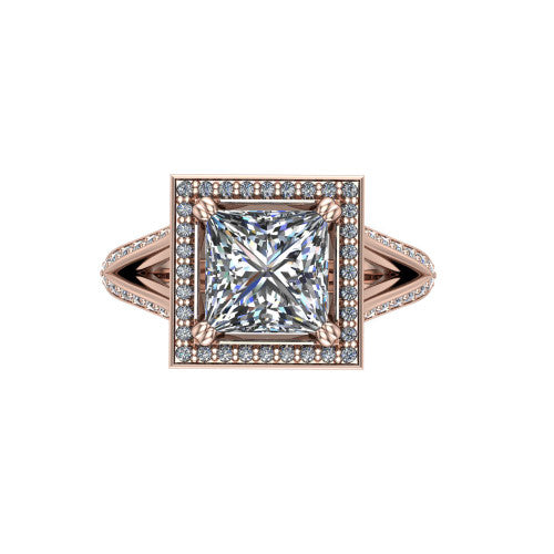 Antonella princess halo engagement ring in 18K Rose Gold, top-down view showing the princess center framed by a square pav&eacute; halo with compass prongs