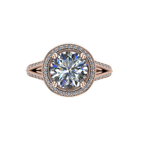 Antonella round halo engagement ring in 14K Rose Gold, top-down view showing the round center framed by a round pav&eacute; halo with compass prongs