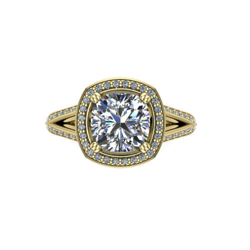 Antonella cushion halo engagement ring in 18K Yellow Gold, top-down view showing the cushion center framed by a cushion pav&eacute; halo with compass prongs