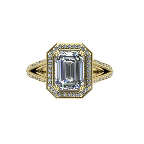 Antonella emerald halo engagement ring in 14K Yellow Gold, top-down view showing the emerald center framed by a emerald pav&eacute; halo with compass prongs