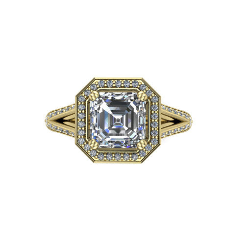 Antonella square halo engagement ring in 14K Yellow Gold, top-down view showing the square center framed by a square pav&eacute; halo with compass prongs