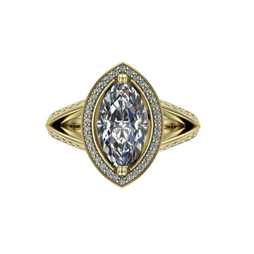 Antonella marquise halo engagement ring in 18K Yellow Gold, top-down view showing the marquise center framed by a marquise pav&eacute; halo with compass prongs