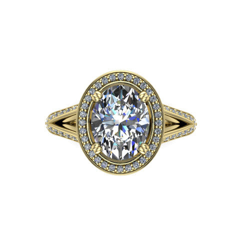 Antonella oval halo engagement ring in 14K Yellow Gold, top-down view showing the oval center framed by a oval pav&eacute; halo with compass prongs