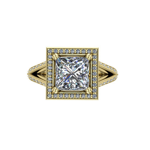 Antonella princess halo engagement ring in 18K Yellow Gold, top-down view showing the princess center framed by a square pav&eacute; halo with compass prongs