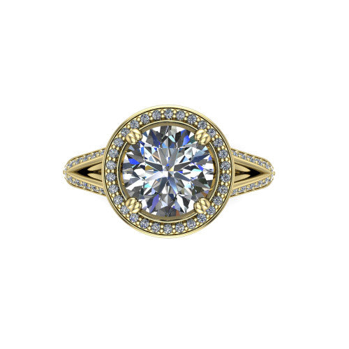 Antonella round halo engagement ring in 14K Yellow Gold, top-down view showing the round center framed by a round pav&eacute; halo with compass prongs
