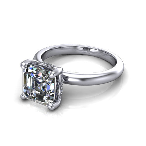 Ariel asscher classic engagement ring in Platinum, three-quarter perspective showing the solitaire center diamond raised in four prongs above a slim polished band