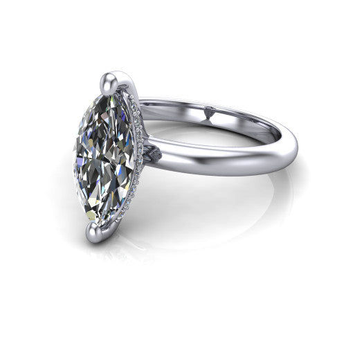 Ariel marquise classic engagement ring in 18K White Gold, three-quarter perspective showing the solitaire center diamond raised in four prongs above a slim polished band