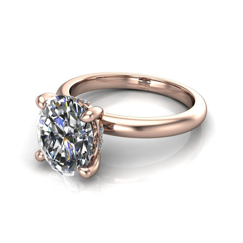 Ariel oval classic engagement ring in 18K Rose Gold, three-quarter perspective showing the solitaire center diamond raised in four prongs above a slim polished band