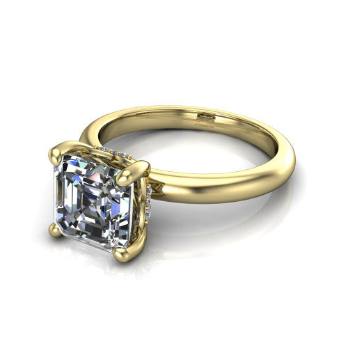 Ariel asscher classic engagement ring in 14K Yellow Gold, three-quarter perspective showing the solitaire center diamond raised in four prongs above a slim polished band
