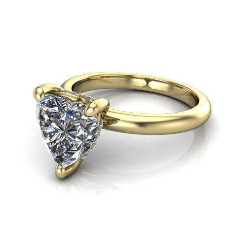 Ariel heart classic engagement ring in 18K Yellow Gold, three-quarter perspective showing the solitaire center diamond raised in four prongs above a slim polished band