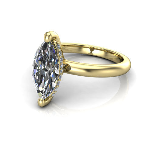 Ariel marquise classic engagement ring in 14K Yellow Gold, three-quarter perspective showing the solitaire center diamond raised in four prongs above a slim polished band