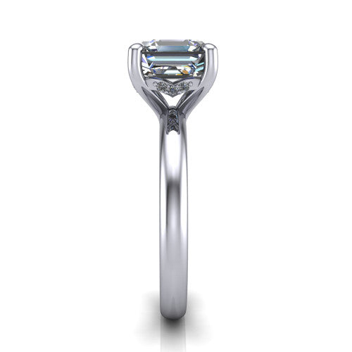 Ariel asscher classic engagement ring in 14K White Gold, side profile showing the hidden halo under the head and the slim polished band