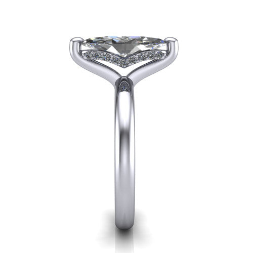 Ariel marquise classic engagement ring in 14K White Gold, side profile showing the hidden halo under the head and the slim polished band