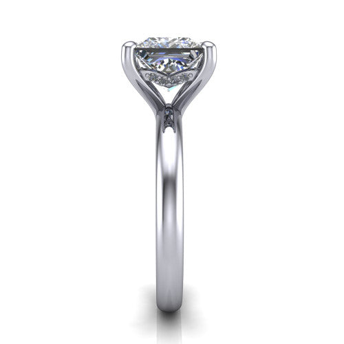 Ariel princess classic engagement ring in 14K White Gold, side profile showing the hidden halo under the head and the slim polished band