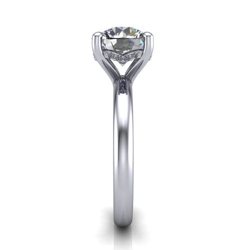 Ariel round classic engagement ring in 14K White Gold, side profile showing the hidden halo under the head and the slim polished band