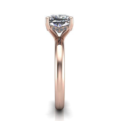 Ariel cushion classic engagement ring in 18K Rose Gold, side profile showing the hidden halo under the head and the slim polished band