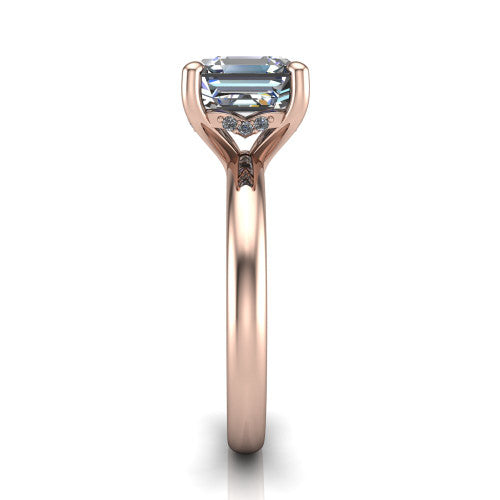 Ariel asscher classic engagement ring in 14K Rose Gold, side profile showing the hidden halo under the head and the slim polished band